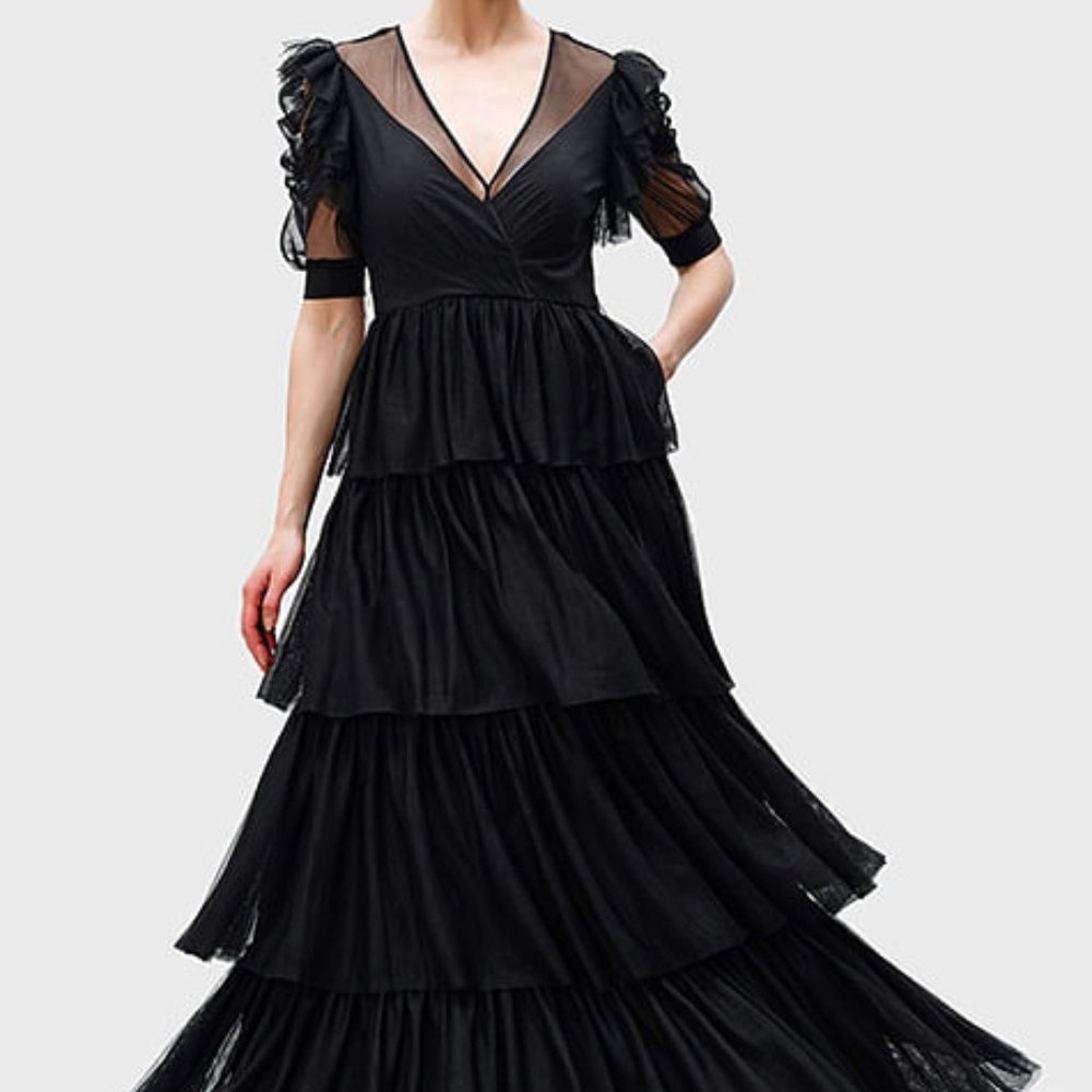 eShakti Black Ruffle Tier Illusion Tulle Maxi Dress